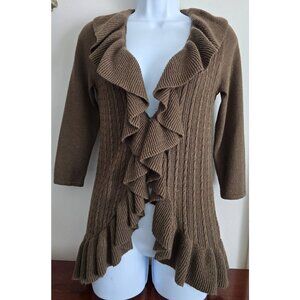 Womens Sz S  Brown Ruffle Cardigan Sweater 3/4 Sleeve Cable Knit Feminine Boho